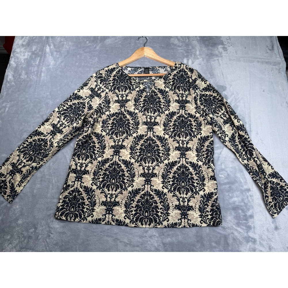SHEIN Lune Shirt Womens Large Black Floral Print Long Sleeve Openwork Collar
